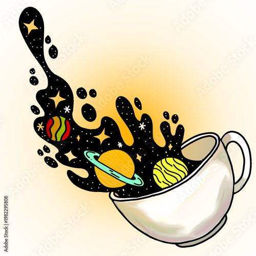 Cosmic Universe Emerging from Coffee Cup – Surreal Space Drawing