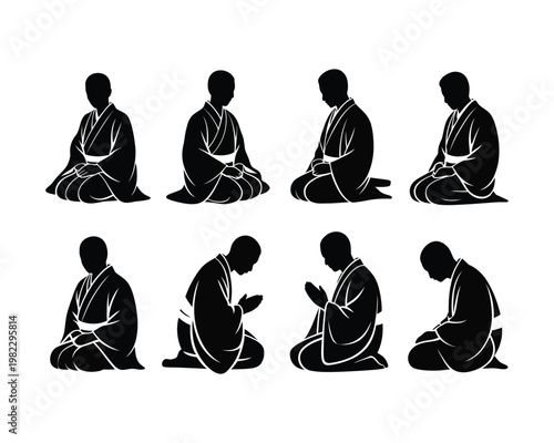Monks demonstrate various prayer poses.