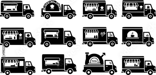 Black flat vector food truck icons set, depicting various mobile restaurant vehicles with open and closed service, isolated on white background
