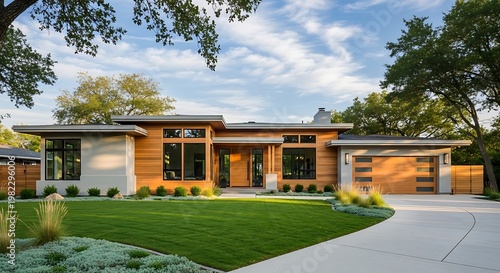 Modern single-story home with wood accents, large windows, green lawn, and circular driveway