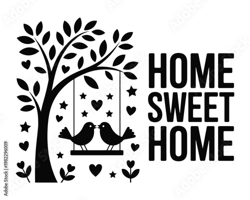 Birds sit on a swing under the tree.