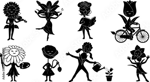 Collection of eight whimsical anthropomorphic flower characters depicted as stylized black silhouettes in various, isolated on white background
