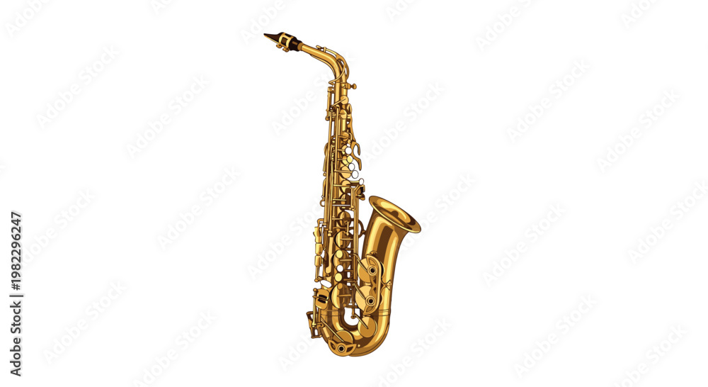 Naklejka premium A meticulously detailed golden saxophone with polished silver keys and a black mouthpiece stands elegantly against a pristine white studio background today.