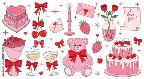 A delightful collection of charming pink and red romantic illustrations, featuring sweet desserts, adorable gifts, and festive decorations perfect for expressing love and celebrating special moments