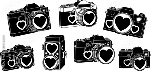 Collection of black silhouette vintage film cameras, each with heart shaped elements, symbolizing love for cinema and, isolated on white background
