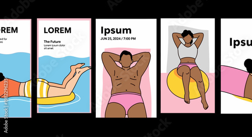Collection of modern minimalist posters featuring diverse people enjoying leisure activities and relaxation