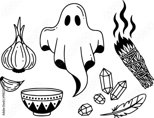 Flat vector illustration of mystical items: garlic, burning sage, spooky ghost, and ritualistic offerings, for, isolated on white background
