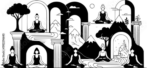 Flat vector illustrations of meditating figures in yoga poses integrated with architecture and nature, symbolizing, isolated on white background
