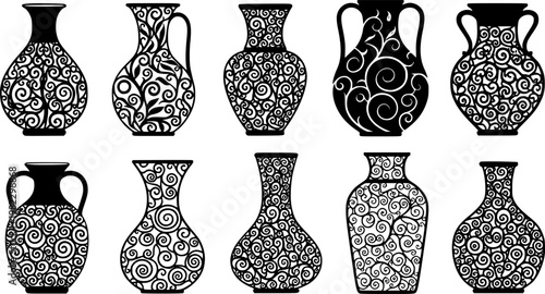 Diverse collection of eight elegant decorative black vector vases, each featuring unique intricate scrollwork, organic, isolated on white background
