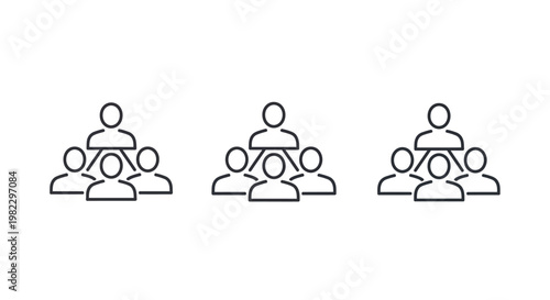 Abstract illustration depicting three groups of people icons, representing teamwork, community, and collaboration with a minimalist design