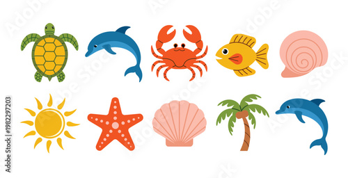 Colorful summer sea life and beach icon set with turtle dolphin crab fish and shell