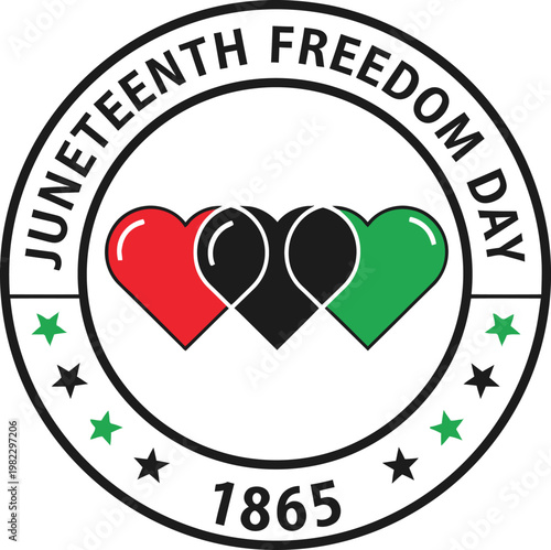 Juneteenth Freedom Day emblem with hearts and stars celebrates emancipation in 1865.