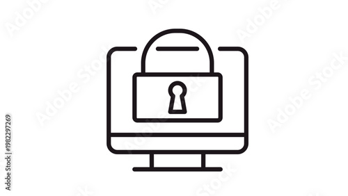 Fotografía Computer security and data protection vector icon illustration featuring a black line art padlock symbol on a desktop monitor screen, representing cybersecurity, privacy, and online safety