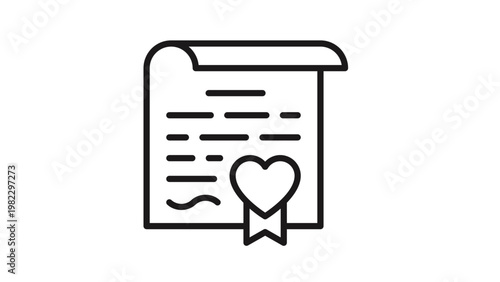 Minimalist black line art vector icon of a document or certificate featuring a heart-shaped seal with a ribbon, representing a love letter, marriage license, wedding contract, or romantic note.