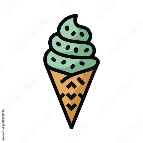 A colorful flat vector illustration of a mint flavored soft serve ice cream in a cone Vector