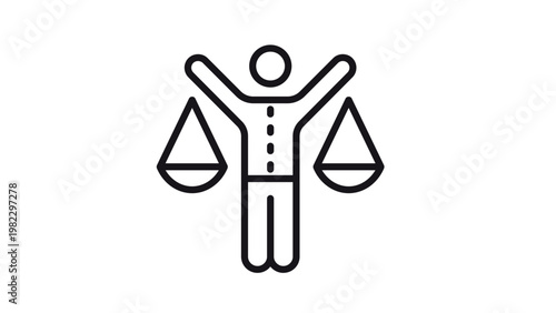Minimalist black line vector icon illustration of a person holding a balance scale, representing justice, equality, legal system, fairness, and work-life balance on a white background.