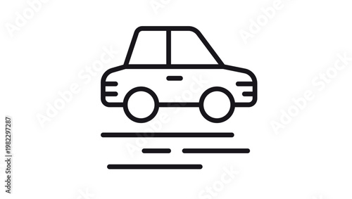 Black line art vector icon of a car driving on a road with motion lines, representing transportation, travel, automotive industry, vehicle movement, and commuting in a minimalist style.