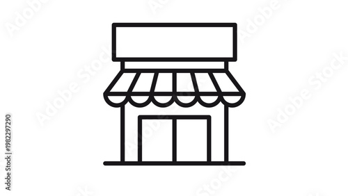 Minimalist black line vector icon of a storefront or small shop building featuring a striped awning and double doors, clean graphic illustration for retail, business, and commerce concepts.