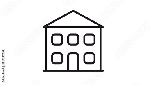 Simple black line vector icon of a two-story residential house with a triangular roof, five square windows, and a central front door, isolated on white. Minimalist architectural illustration.