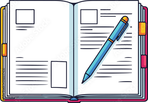 An illustration of a pen on an open notebook with lines and boxes.