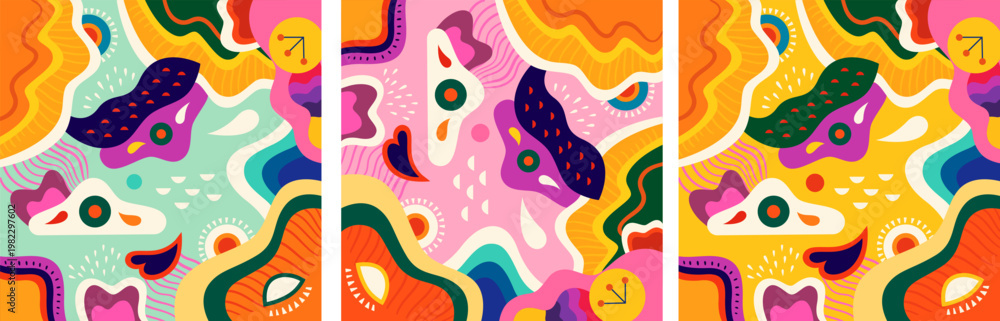 Naklejka premium Abstract spring backgrounds with flowers, leaves and abstract shapes. Bright spring illustrations