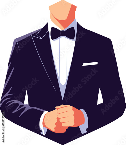 An illustration of a man wearing formal suit and bow tie standing