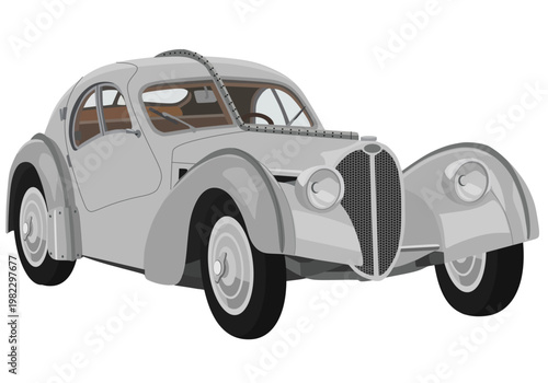 Vintage French Luxury Coupe Illustration with Aerodynamic Riveted Fin and Classic Streamline Design