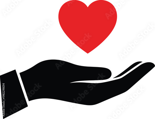 Black open hand gently holds a red heart symbol, representing love and care.