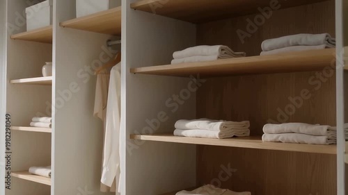 Minimalist white wardrobe with light oak shelves and neatly folded neutral clothing in soft daylight