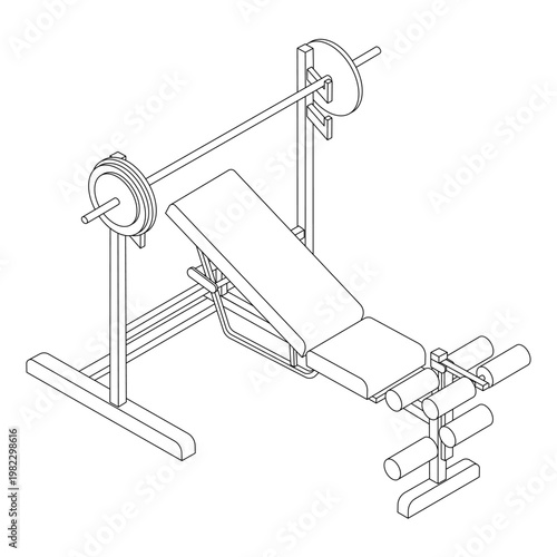 Bench press - hand drawn isometric black and white vector illustration.