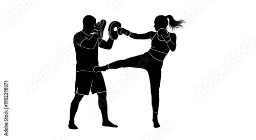 Silhouette of woman practicing kickboxing with man.