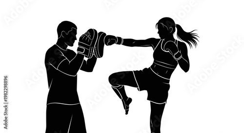 Female kickboxer practicing with a partner.