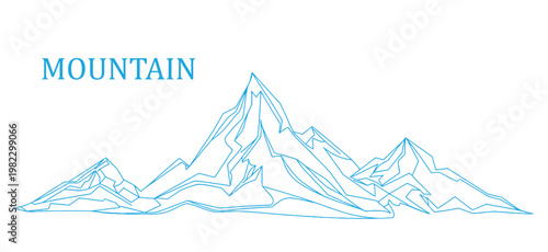A dynamic continuous line art illustration presents a stylized mountain range, featuring intricate blue contours against a crisp white backdrop, capturing its rugged and imposing natural presence.