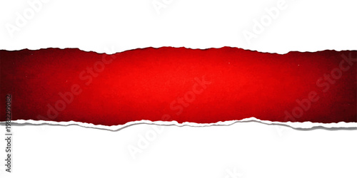 A blank grunge texture background features a ripped red paper sheet with a torn hole in the center creating an empty frame and vector border design for a cardboard banner or card space