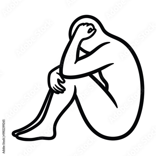 Distressed person sitting in fetal position vector icon representing sadness and mental health issues with line art