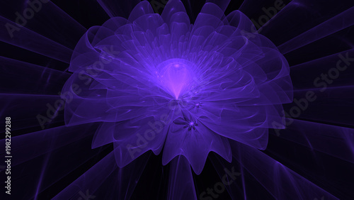 Abstract Purple Fractal Flower with Glowing Petals and Light Rays on Black Background