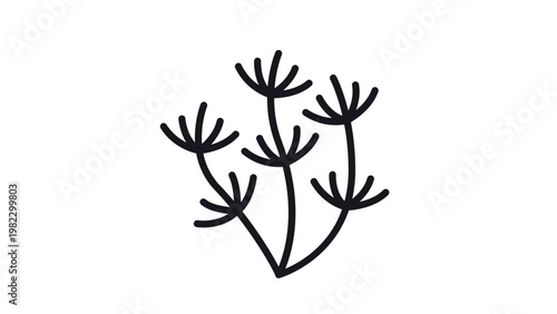 Minimalist black vector icon illustration of a dill or fennel herb plant with feathery leaves, isolated on a white background for botanical, culinary, or nature-themed graphic design.