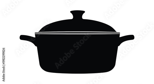 A black silhouette of a dutch oven with handles and a fitted lid is displayed
