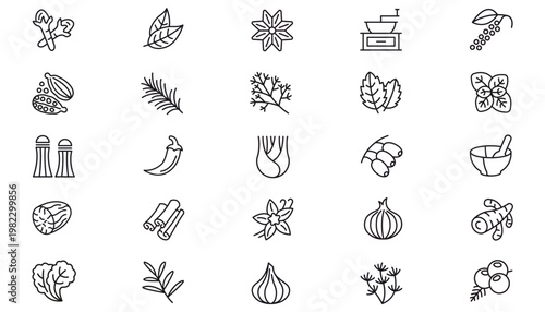 Vector Icon Set of 25 Black Minimalist Line Art Symbols for Herbs Spices and Kitchen Tools including Cinnamon Garlic Ginger Chili Coffee Grinder Mortar Pestle Onion Vanilla and Botanical Leaves.
