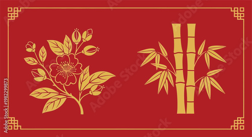 Golden floral and bamboo motifs on a red decorative border background.