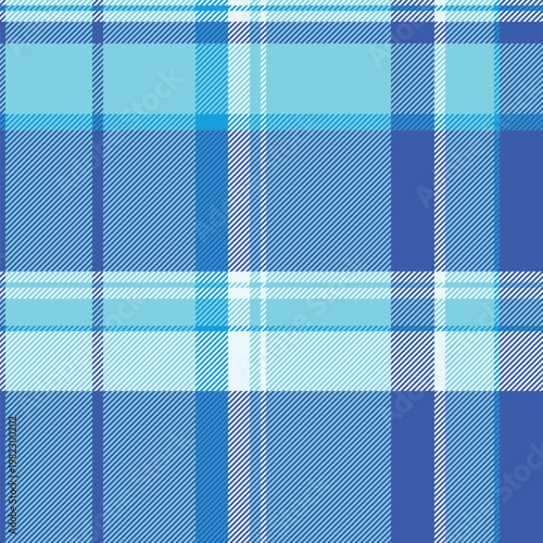 Stitched fabric seamless texture, business plaid pattern check. Vibrant background vector tartan textile in cyan and blue colors.