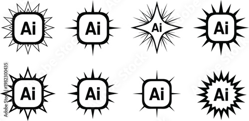Multiple stylized icons featuring the letters 'Ai' within starburst or sunburst borders.