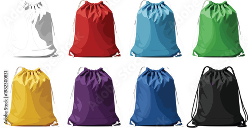 Drawstring backpacks set in various colors, fabric gym bags collection, casual sports accessories, modern vector illustration isolated
