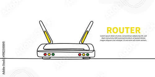 A vibrant continuous line drawing illustrates a modern internet router, featuring colorful indicator lights and prominent yellow antennas, set against a subtle white background with abstract patterns.