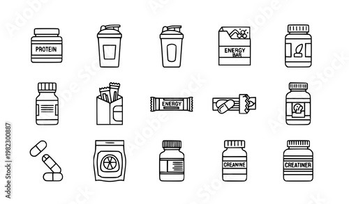 A set of black and white icons depicting various fitness supplements and nutrition products