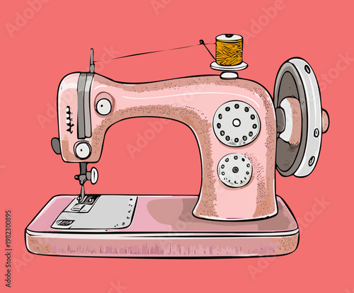Canvas Print Retro style sewing machine with pink metallic finish and spool for handmade clot