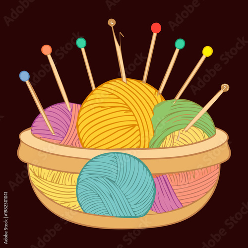 Woven basket with colorful yarn balls and knitting needles for handmade craft hobby wool textile material creative art project domestic leisure supply