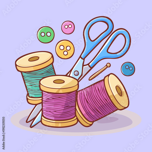 Canvas Print Tailoring kit with thread spools scissors and buttons for garment repair craft h