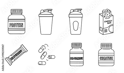 A set of minimalist icons representing various fitness supplements and nutrition products
