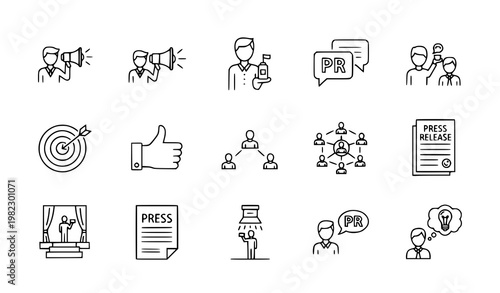 A set of minimalist line art icons representing public relations and communication